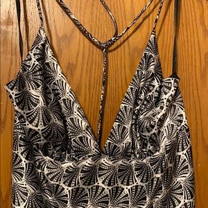 Black and silver halter printed fan dress